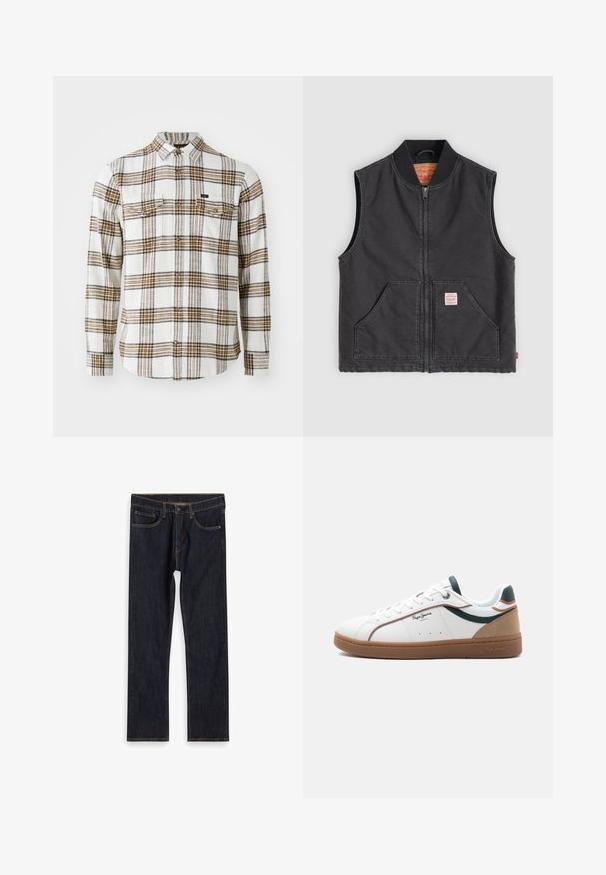 Chaleco sin mangas negro de algodón con cremallera frontal, cuello acanalado, dos bolsillos delanteros y una pequeña etiqueta de marca en el bolsillo izquierdo.; Lee CLEAN WESTERN - Camisa - ecru ochre plaid; Jeans de mezclilla rectos de color azul oscuro con bolsillos frontales, lazos para cinturón y costuras naranjas en contraste, dispuestos sobre un fondo blanco.; Zapatilla baja blanca con suela marrón, detalles en verde y beige, cordones blancos y el logo "Pepe Jeans London" en el lateral.