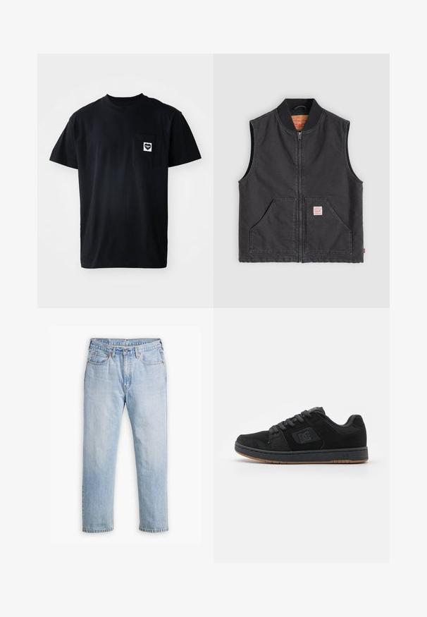 Schwarze, ärmellose Weste aus Baumwolle mit einem vorderen Reißverschluss, geripptem Kragen, zwei Fronttaschen und einem kleinen Markenlabel auf der linken Tasche.; Schwarzes Baumwoll-T-Shirt mit Rundhalsausschnitt, kurzen Ärmeln und einer linken Brusttasche, die ein herzförmiges Logo in Weiß zeigt.; Helle blaue Denim-Jeans mit geradem Bein, im Fünf-Taschen-Stil und kontrastierenden Nähten. Knopf- und Reißverschluss an der Taille.; Schwarze Wildleder-Skate-Schuhe mit einem flachen Design, ausgestattet mit einer Gummisohle, strukturierten Akzenten und einem Logo an der Seite, kombiniert mit grauen Schnürsenkeln.