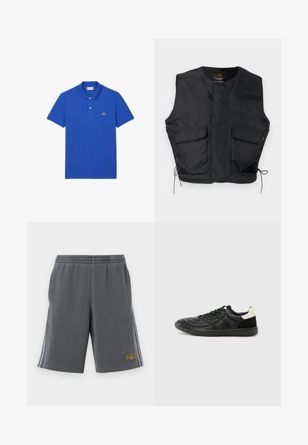 Chaleco utilitario negro sin mangas con dos bolsillos delanteros con solapa, cordones en el dobladillo y escote redondo.; Polo azul hecho de algodón, con un cuello clásico, una tapeta de dos botones y un logo de cocodrilo verde en el lado izquierdo del pecho.; Pantalones cortos deportivos grises con cintura elástica, franjas laterales y letras doradas "Original" en la parte inferior derecha. Textura de tela suave.; ALDO THEPITCH - Zapatillas - black