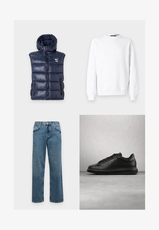 Chaleco acolchado azul marino con capucha, material brillante, cierre con cremallera, dos bolsillos frontales y un parche de logo en el lado izquierdo del pecho.; Sudadera blanca con cuello redondo, mangas largas, puños y dobladillo acanalados. Presenta un sutil detalle en relieve en el pecho. Textura suave.; Pantalones vaqueros de denim azul con corte recto, que cuentan con cinco bolsillos, cierre de botón y cremallera, y detalles de costura visibles.; Persona que lleva zapatillas negras Karl Lagerfeld con pantalones negros, de pie sobre un suelo de parquet de madera contra una pared blanca con paneles.