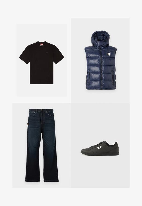 Mørkeblå puffervest med hætte, glansfuldt materiale, lynlås lukning, to forlommer og et logo patch på venstre bryst.; Sort bomulds T-shirt med korte ærmer, rund halsudskæring og et lille præget logo på brystet. Rød mærkat ved halsudskæringen.; Mørkeblå lige ben jeans med klassisk fem-lomme design, bæltestropper og subtile falmede detaljer foran og på knæene.; Sorte syntetiske sneakers med en struktureret sort sål, rund tå og flade sorte snørebånd. Fremtrædende hvidt logo på ydersiden.