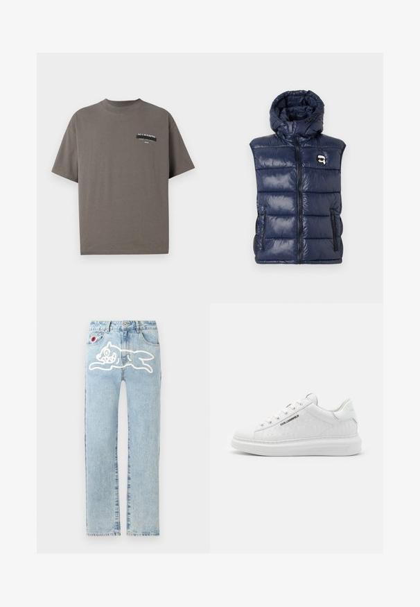 Gilet matelassé bleu marine avec capuche, en matériau brillant, fermeture zippée, deux poches avant et un patch logo sur la poitrine gauche.; T-shirt en coton gris avec un col rond, des manches courtes et une impression de poche avec la marque "ALL SAINTS" et un texte supplémentaire.; Icecream RUNNING DOG PANT - Jean droit - heavy wash blue; Baskets blanches en cuir lisse avec motif gaufré. Présentent un bout rond, un laçage à l'avant et une semelle texturée. Détail du logo argenté sur le côté.
