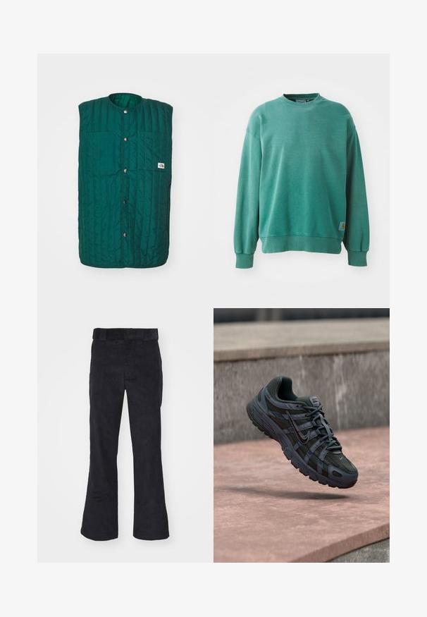 Gilet matelassé vert avec un col rond, bouton-pression à l'avant et deux poches verticales sur la poitrine. Tissu texturé avec des lignes cousues et une étiquette de logo.; Sweatshirt vert à col rond fabriqué en mélange de coton. Il présente des poignets et un ourlet côtelés, une coupe décontractée, et une petite étiquette logo sur le bas à gauche.; Pantalons en velours côtelé noir à coupe décontractée, dotés d'une taille classique et de jambes évasées, avec une texture douce et sans motifs ni accents visibles.; Chaussure de course Nike gris foncé avec un design en mesh et en synthétique, flottant au-dessus d'une surface en béton rosée avec un fond en pierre grise.