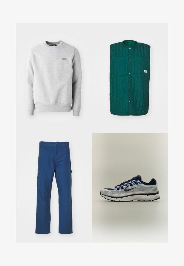 Gilet matelassé vert avec un col rond, bouton-pression à l'avant et deux poches verticales sur la poitrine. Tissu texturé avec des lignes cousues et une étiquette de logo.; Sweatshirt gris avec un col rond, des poignets et un ourlet côtelés, fabriqué en coton doux. Présente un petit logo sur la poitrine gauche.; Pantalon en toile de coton bleu avec une coupe droite, doté d'une fermeture à bouton et de poches latérales. Texture lisse, sans motifs ou accents visibles.; Chaussure de running Nike gris clair et noire avec des accents bleus, semelle blanche et texte "P-6000" sur le côté du talon.