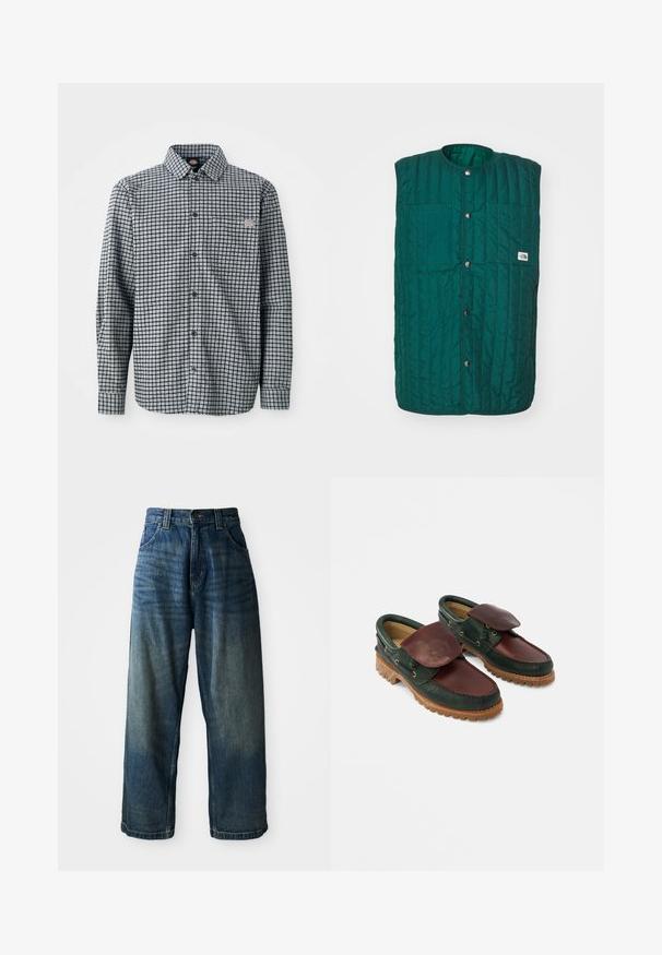 Roheline tilgaklapi vest ümmarguse kaeluse, esise nuppudega ja kahe vertikaalse rinnataskuga. Tekstuuriga kangas koos õmblustega joonte ja logoga etikett.; Pikend varrukatega must-valge ruuduline nööpidega särk krae ja väikese logoga plaastri küljepokkil.; Laiad sinised denim teksad, millel on kulunud viimistlus. Omab viit taskut, nupuvajutust ja kontrastseid õmblusi. Tugev kangas.; Nahast kingad, millel on tume roheline kere ja burgundiapunane ülemine osa, ümar ninaosa, kinnitatud klapp ning soontega tekstureeritud kummist tald.