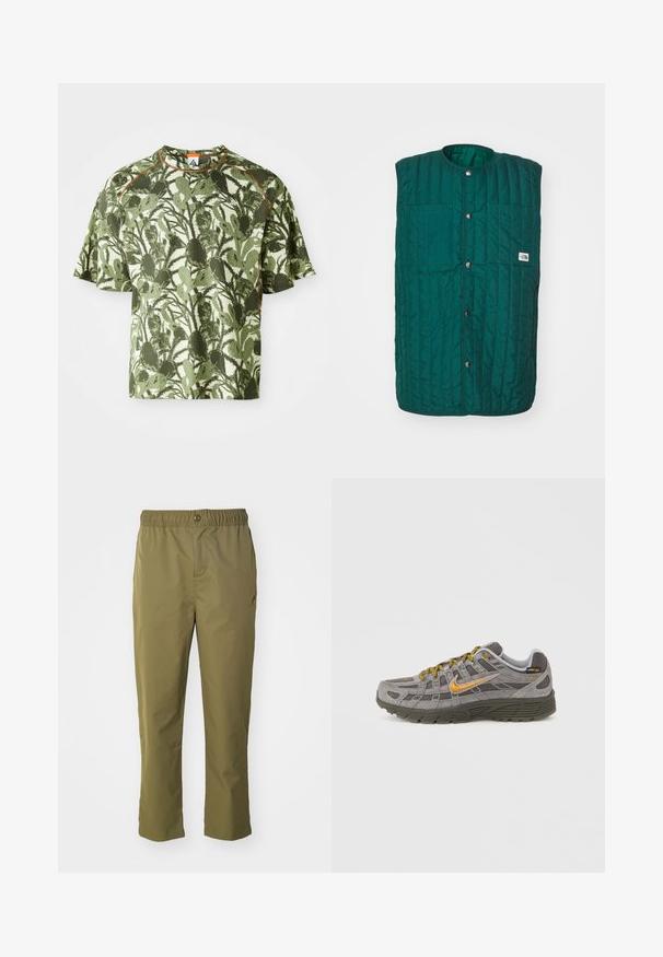 Grüne gesteppte Weste mit runder Halsöffnung, vorderen Druckknöpfen und zwei vertikalen Brusttaschen. Texturiertes Material mit genähten Linien und einem Logolabel.; Grünes kurzärmliges T-Shirt mit einem strukturierten Blättermuster, das einen orangefarbenen Akzent am Kragen und eine lockere Passform aufweist. Hergestellt aus atmungsaktivem Material.; Olivegrüne Hose mit elastischem Bund, Knopfverschluss und lockerer Passform. Hergestellt aus leichtem Material und ausgestattet mit seitlichen Taschen.; Grauer Wildleder-Sneaker mit goldenen Akzenten, strukturierten Einsätzen und passenden Schnürsenkeln. Verfügt über eine gepolsterte Sohle und ein Logodetail an der Seite.