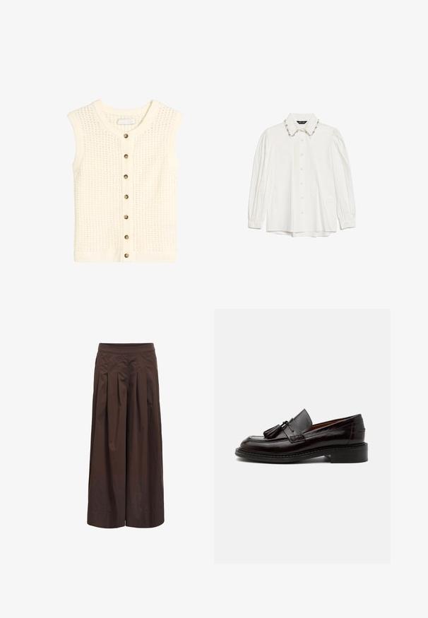 Gilet en tricot sans manches couleur crème avec motif texturé et une rangée de sept boutons ronds marron sur le devant.; Chemise blanche à manches longues avec un col classique, ornée d'une bordure de col décorative en perles et d'une patte de boutonnage sur le devant. Le tissu semble lisse et net.; Pantalon marron à jambes larges avec plis devant et taille ajustée, fabriqué en tissu léger, présenté sur fond blanc.; Mocassin en cuir marron foncé avec pampilles, détails cousus et un petit talon empilé sur un fond clair uni.