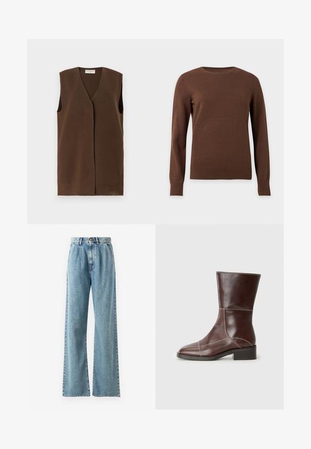 Brun ærmeløs vest med V-udskæring, lavet af blødt stof. Har en åbning foran og en minimalistisk silhuet uden ekstra pynt.; Brun crewneck langærmet sweater med ribkant ved manchetter og kant, vist på en ensfarvet lys baggrund.; Lysblå højtaljede bukser med bred ben i denim, med knaplukning, markante bukser og syede lommer.; Brun læder ankelstøvle med firkantet tå og lav hæl, med kontrasterende syninger langs sømmene. Klar baggrund.