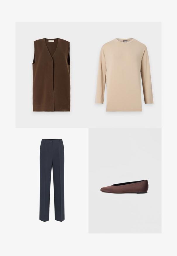 Brun ærmeløs vest med V-udskæring, lavet af blødt stof. Har en åbning foran og en minimalistisk silhuet uden ekstra pynt.; Beige langærmet rundhalset skjorte med en lige kant, vist mod en ensfarvet hvid baggrund.; Marineblå, skræddersyede bukser med lige ben, der har lukkefunktion foran med knap og diskrete stolpefure detaljer. Glat stofstruktur.; Brune balletflade sko i stof med spids tå og glat tekstur, med lav hælkappe og tynd sort sål. Ingen synlige mønstre eller beslag.