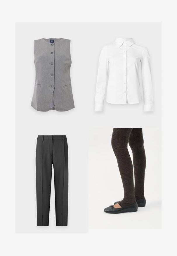 Gilet sans manches gris à boutons avec col rond, deux poches fendu à l'avant et étiquette GAP à l'intérieur du col.; Chemise blanche à manches longues avec boutons, col pointu, ourlet droit et silhouette ajustée, présentée sur un fond clair uni.; Pantalons ajustés gris charbon, avec une taille plate, des poches latérales et une coupe droite, présentant une texture lisse.; Jambes portant des leggings côtelés foncés associés à des ballerines noires avec de petits détails en nœud sur fond blanc.
