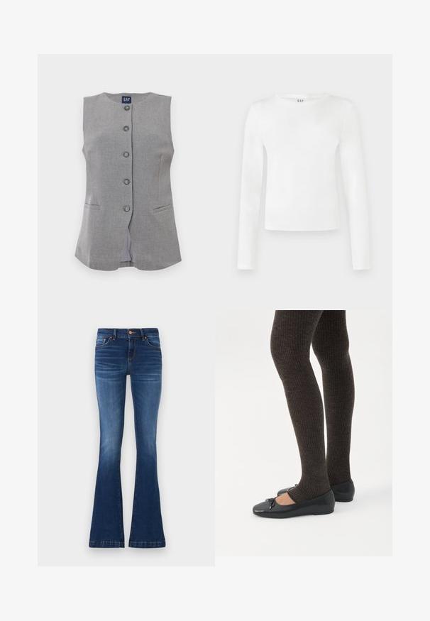 Gilet sans manches gris à boutons avec col rond, deux poches fendu à l'avant et étiquette GAP à l'intérieur du col.; Chemise à manches longues et col rond en tissu blanc uni. Présente une silhouette ajustée avec une texture lisse et un logo de la marque discret au niveau du col.; Jean évasé en denim de couleur bleue, avec une taille mi-haute, cinq poches et des coutures contrastées le long des coutures.; Jambes portant des leggings côtelés foncés associés à des ballerines noires avec de petits détails en nœud sur fond blanc.