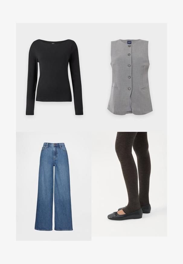 Chaleco gris sin mangas con cuello redondo, dos bolsillos delanteros con abertura y etiqueta de GAP dentro del cuello.; Camisa negra de manga larga ajustada con un amplio escote redondo, mostrada contra un fondo blanco liso.; Jeans de pierna ancha en denim azul medio, con cintura alta, trabillas para cinturón y cierre de botones. Textura suave con detalles mínimos de costuras.; Piernas con leggings oscuros acanalados combinados con bailarinas negras que presentan pequeños detalles de lazo sobre un fondo blanco.