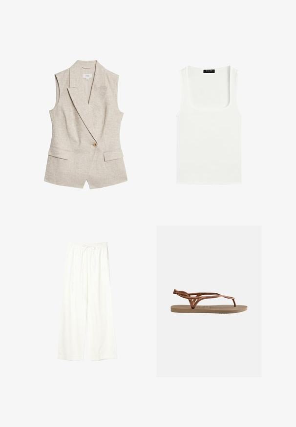 Beige linned sommerblazer uden ærmer med revers, enkelt knappelukning, to frontlommer og en struktureret stofoverflade.; Hvid ærmeløs tanktop med firkantet halsudskæring og sort label på den indvendige bagside af nakken.; Hvide bukser med vide ben, elastisk talje og snøre, lavet af letvægtsstof.; Flad sandal med beige sål og metallisk roseguld flettede remme, udstyret med en tåkappe og hælrem for sikker pasform.