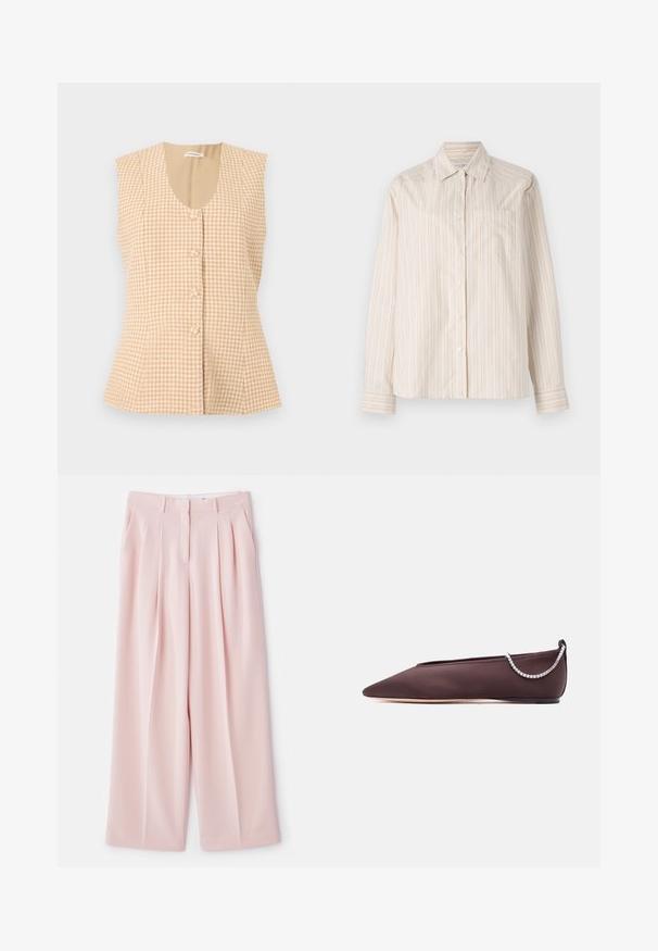 Veste sans manches beige et blanche à motif pied-de-poule, col rond et boutons recouverts sur le devant, coupe cintrée.; Chemise à manches longues en beige clair avec des rayures verticales en crème et orange pâle. Elle présente un col et une poche poitrine unique.; Pantalons larges rose pâle avec des plis avant, une taille structurée et une finition en tissu lisse. Comprend deux poches latérales.; Chaussure plate marron foncé à bout pointu avec un petit talon et un détail chaîne en strass argentée à l'arrière.