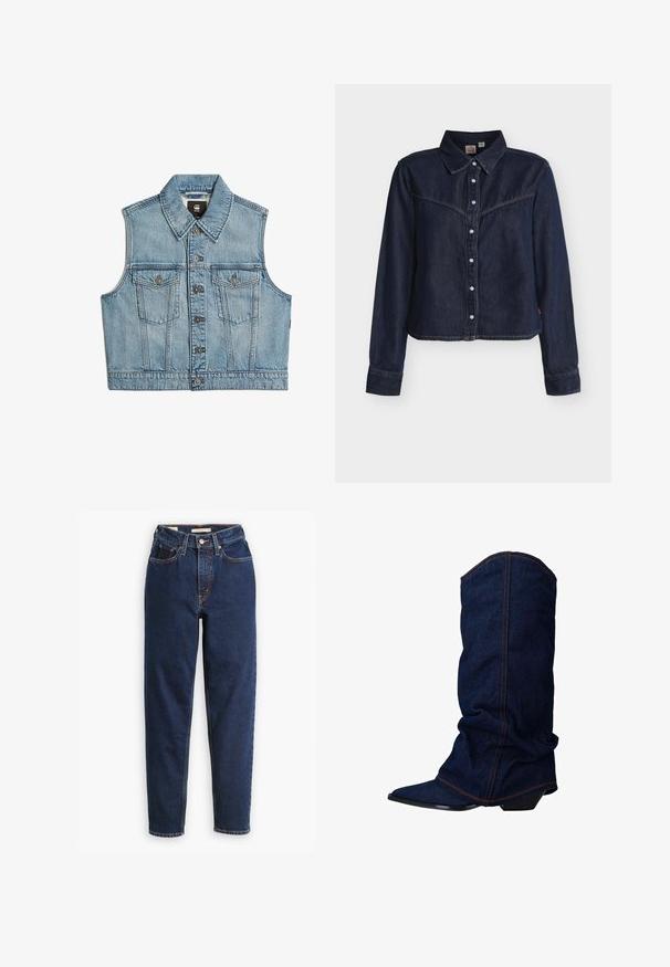 Denim vest, lichtblauwe kleur, mouwloos ontwerp, grote kraag, sluiting met knopen aan de voorkant, twee borstzakken, iets verkorte zoom.; Donkerblauw denim hemd met lange mouwen en drukknopen, Western-stijl halsstuk, puntige kraag en rechte zoom tegen een witte achtergrond.; Donkerblauwe denimjeans met een hoge taille, vijf-pocket ontwerp en rechte pijpen. Contrasterende stiksels en een knopen-flapsluiting.; sacha Laarzen - blue