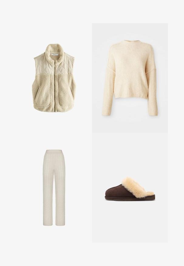 Beige vest med et quiltet kordfløjlsoverdel og blød faux fur-nederdel. Høj krave og to forlommer. Lynlåslukning i midten.; Cremefarvet strikket sweater med ribbede manchetter og nederdel, der har et let cropped design og en afslappet pasform. Blød tekstur, ingen mønstre.; Lys beige kabelstrikkede bukser med en bred talje, der har hævede teksturmønstre og en afslappet, lige pasform.; Brune suedepantofler med en cremet kunstpelsforing, åben bagside, flad sål og afrundet form for komfort og varme.