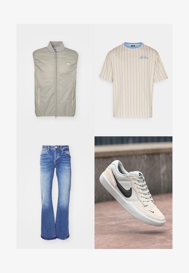 Vaaleanharmaa sansihihaton takki, joka on valmistettu sileästä, pehmustetusta materiaalista. Takissa on korkea kaulus, edessä vetoketju ja logo rinnassa. Sivuilla on taskut.; New Era PINSTRIPE TEE - Printtipaita - new era; Vaaleansiniset farkut, joissa on levenevät lahkeet ja haalistunut pesu, viisi taskua, nappikiinnitys ja ommeltuja yksityiskohtia saumoissa. Leveä lahkeensuu.; Nike SB kenkä vaaleanharmaana ja kermaisenä, jossa on mokkanahka päällinen, musta swoosh, teksturoitu yksityiskohtia ja valkoinen kumipohja.