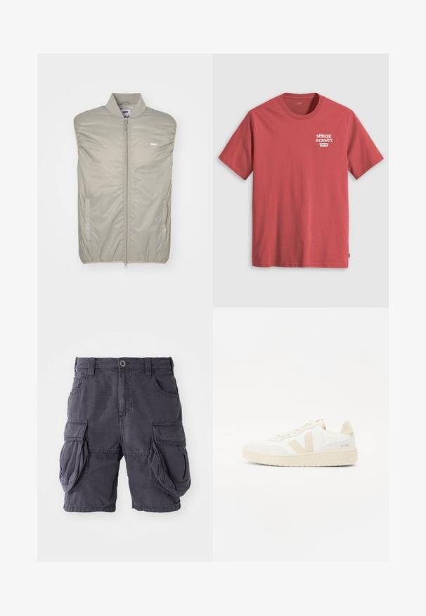 Veste sans manches gris clair en matériau lisse et rembourré, avec un col montant, une fermeture éclair sur le devant et un logo sur la poitrine. Comprend des poches latérales.; T-shirt en coton rouge à manches courtes et col rond, avec un texte blanc indiquant "MAISON PLANTE" au-dessus d'un logo Levi's sur la poitrine gauche.; Shorts cargo en coton gris foncé, avec une coupe classique, plusieurs poches latérales et une fermeture à bouton à l'avant. Texture lisse.; Sneaker blanche avec des accents beiges, présentant un dessus texturé, un bout rond et une semelle en caoutchouc épaisse. Le design inclut le logo V iconique et le branding.