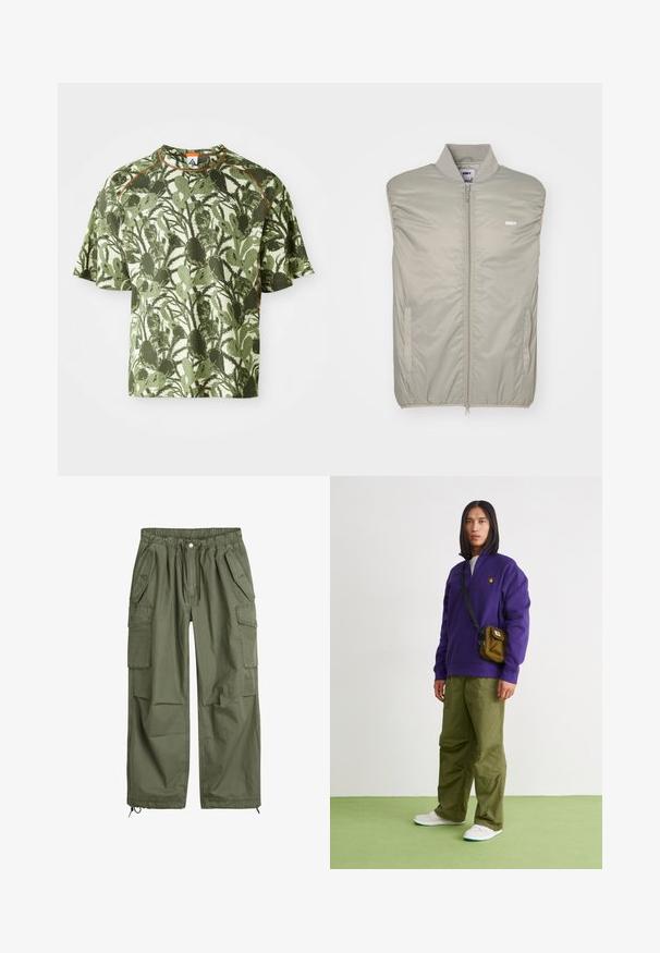 Helle graue ärmellose Jacke aus glattem, gepolstertem Material mit einem hohen Kragen, Frontreißverschluss und Logo auf der Brust. Verfügt über seitliche Taschen.; Grünes kurzärmliges T-Shirt mit einem strukturierten Blättermuster, das einen orangefarbenen Akzent am Kragen und eine lockere Passform aufweist. Hergestellt aus atmungsaktivem Material.; Olivgrüne Cargo-Hosen mit elastischem Bund, Kordelzug, mehreren Seitentaschen und schmalen Bündchen. Hergestellt aus strapazierfähigem Baumwollmaterial.; Jordan AIR JORDAN 1 ZM CMFT 2 - Sneaker high - summit white/bicoastal/oxidized green