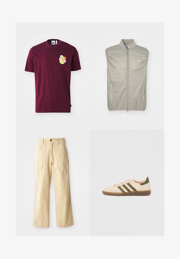 Lichtgrijze mouwloze jas van soepel, gevoerd materiaal met een hoge kraag, voorkant met rits en logo op de borst. Heeft zijzakken.; Bordeaux katoen T-shirt met korte mouwen en een ronde hals. Voorzien van een geborduurd ontwerp op de linkerkant van de borst, inclusief kleurrijke cirkelvormige patronen.; Beige wijde broek van katoen. Heeft een hoge taille, twee zijzakken met een vlak design en een enkele knoopsluiting.; Beige Adidas Spezial sneaker met een laag profiel, groene strepen, een gumkleurige zool en "SPEZIAL" branding aan de zijkant, gezien vanaf de buitenzijde.