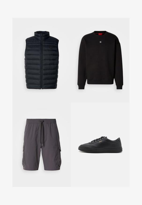 Mustmust vest kõrge kraega, lukuga ja küljetaskutega. Omab tikandit ja väikest logo sildiga ees.; Must must negra, mis pehmeast kangast, ümmarguse kaelusega, ribitud mansettidega ja väikese ruudukujulise logoga rinnal. Omab punast sisemist kraed.; Hallid hallid lühikesed püksid, mis on valmistatud kergest kangast, joontega vöökohaga, küljetaskutega ja veidi lõtvade lõigetega.; Mustad nahkspordijalatsid siledast materjalist, ümarate varvastega, tasase kummist tallaga ja tooni sobivate paeltega. Küljes on kuldne "BOSS" bränding.
