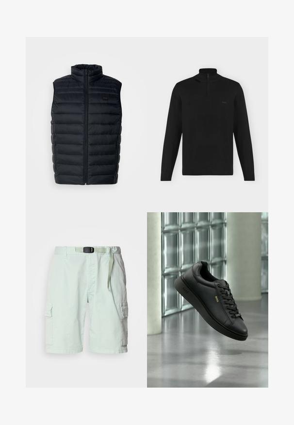 Mustmust vest kõrge kraega, lukuga ja küljetaskutega. Omab tikandit ja väikest logo sildiga ees.; Must pikkade varrukatega pullover kõrge kaelusega ja poole lukuga, soonikkoes varruka- ja alaäär, vasakul rinnal väike "BOSS" logo.; Heledad heledadest lühikesed püksid, mis on valmistatud kergest kangast, millel on vöö, küljetaskud ja mugav istuvus.; Mustast nahast BOSS tennisejalanõu paistab sisetingimustes klaasplokkidest seina ja betoonpõranda taustal hõljuvat.