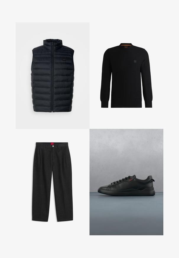 Sort puffer vest med høj krave, lynlåslukning og sidelommer. Har quiltet struktur og et lille logo mærke på fronten.; Sort strikket sweater med høj hals, ribstrikkede manchetter og kant. Har et lille logo patch på brystet og orange detaljer indeni kraven.; Sorte bukser med høj talje med forreste læg, bæltestropper, knap og lynlås lukning samt en rød label indeni linningen.; HUGO BLAKE - Sneakers - black