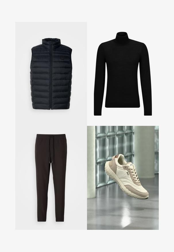 Gilet rembourré noir avec un col haut, fermeture éclair et poches latérales. Présente une texture matelassée et une petite étiquette logo sur le devant.; Pull à col roulé noir en matériau doux, avec des manches longues et une coupe ajustée. Finition côtelée au bas et aux poignets. Design simple.; Pantalon de jogging noir en tissu doux, avec une taille élastique et un cordon de serrage, des jambes fuselées et sans motifs ni embellissements visibles.; Baskets BOSS beige et crème avec semelle texturée, lacets à l'avant et logo de la marque, flottant au-dessus d’un sol gris réfléchissant près d’un mur en blocs de verre.