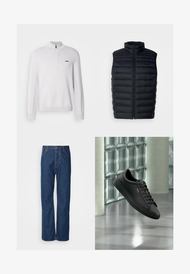 Gilet rembourré noir avec un col haut, fermeture éclair et poches latérales. Présente une texture matelassée et une petite étiquette logo sur le devant.; Sweater zippé blanc avec un col montant, texture côtelée et manches longues. Présente un petit logo noir "BOSS" sur la poitrine.; Jean en denim bleu avec une coupe droite, équipés d'une fermeture à bouton, de cinq poches et de coutures contrastantes le long des coutures.; Baskets basses en cuir noir avec lacets noirs et logo BOSS doré sur le côté, flottant au-dessus d’un sol gris brillant dans un espace intérieur moderne.