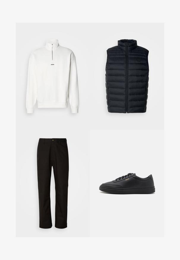 Sort puffer vest med høj krave, lynlåslukning og sidelommer. Har quiltet struktur og et lille logo mærke på fronten.; Hvid pullover sweatshirt med høj krave og halvlukning, der har et lille sort "HUGO" logo centreret på brystet. Blød stoftekstur.; Sorte bomuldsbukser med lige pasform, bæltestropper, lynlås foran og en enkelt knappelukning. Glat tekstur uden synlige mønstre.; Sorte lædersneakers med en glat overflade, rund tå, flad gummisål og tonede snørebånd. Udstyret med guld "BOSS" branding på siden.
