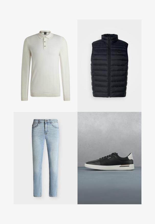 Chaleco acolchado negro con cuello alto, cierre de cremallera y bolsillos laterales. Presenta una textura acolchada y una pequeña etiqueta con logo en la parte frontal.; BOSS LANCIONE - Jersey de punto - open white eleven; Vaqueros ajustados de denim azul claro con botón y cremallera delanteros, diseño de cinco bolsillos y sutil desgaste desde el muslo hasta la rodilla.; Zapatilla de cuero negra con suela blanca, cuenta con perforaciones, diseño de cordones, logo en el costado y detalle del talón en blanco y marrón.