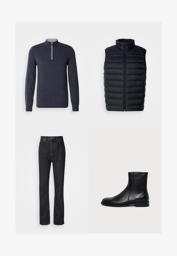 Sort puffer vest med høj krave, lynlåslukning og sidelommer. Har quiltet struktur og et lille logo mærke på fronten.; Mørkeblå halv-zip sweater med en grå krave. Fremstillet af et struktureret stof, med lange ærmer og en tætsiddende pasform.; Høj talje sorte denim jeans med knap- og lynlåsåbning, for- og baglommer samt lige ben.; Sort læderankelstøvle med lav hæl, sidesyning og lille "HUGO" logo på den øverste manchet mod en ensfarvet baggrund.