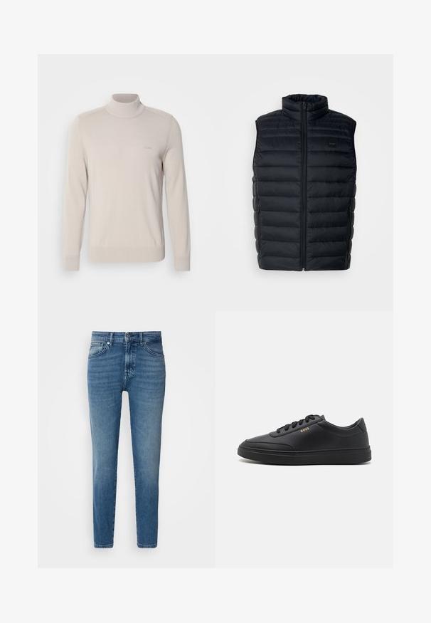 Zwarte puffer vest met een hoge kraag, ritssluiting en zijzakken. Heeft een gewatteerde textuur en een klein logolabel aan de voorkant.; Lichtbeige coltrui van zachte stof. Voorzien van geribde manchetten en zoom, met een subtiele logo op de borst. Klassiek ontwerp.; Lichtblauwe denim jeans met een rechte pasvorm, traditionele vijf-pocket stijl, metalen knoopsluiting en subtiele vervaging aan de voorkant.; Zwarte leren sneakers met een gladde textuur, ronde neus, platte rubberen zool en tonale veters. Kenmerkt zich door de gouden "BOSS" branding aan de zijkant.