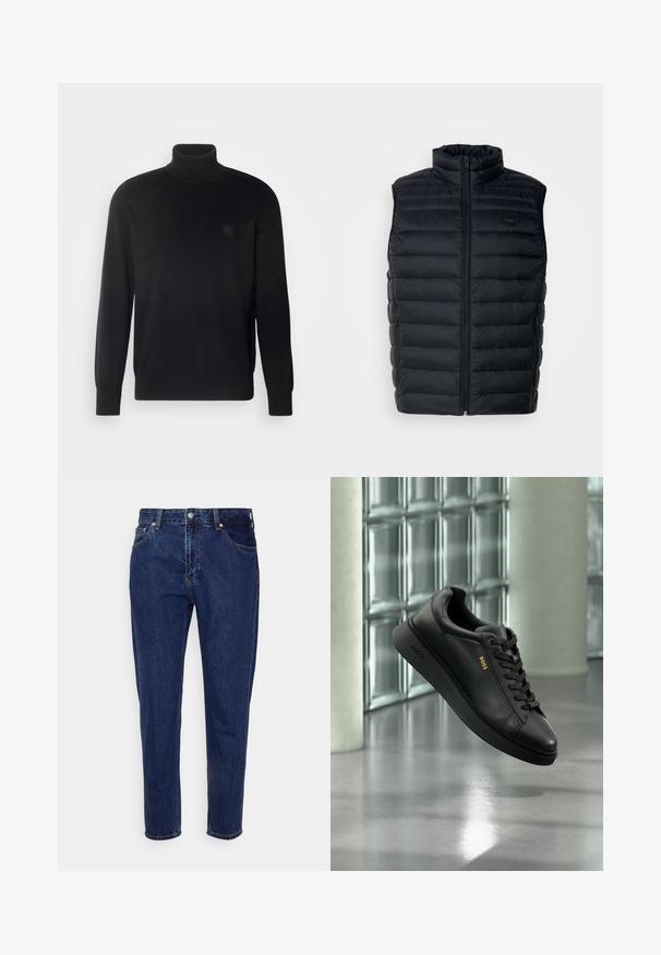 Sort puffer vest med høj krave, lynlåslukning og sidelommer. Har quiltet struktur og et lille logo mærke på fronten.; Sort rullekravestrik med lange ærmer, ribbet krave og manchetter, lavet af et glat stof. Har et lille logo mærke på brystet.; Mørkeblå straight-leg cowboybukser med forreste knap- og lynlås-lukning, bæltestropper samt for- og baglommer.; Sort læder lavtop sneaker med snørebånd, guld "BOSS" logo på siden, vist svævende indendørs mod en glasblok og beton baggrund.