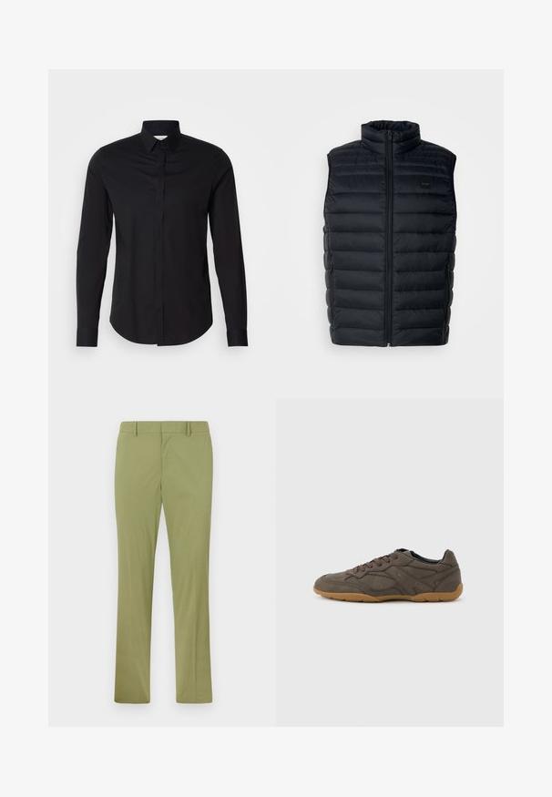 Sort puffer vest med høj krave, lynlåslukning og sidelommer. Har quiltet struktur og et lille logo mærke på fronten.; Sort langærmet skjorte med spids krave, knaplukning fortil og buet kant. Fremstillet af glat stof uden synlige mønstre eller detaljer.; Slim-fit olivengrønne bukser med bæltestropper, forreste lynlås og lige ben, lagt fladt på en lys baggrund.; Brun ruskind og læder lavtop sneaker med gummisål og snørelukning, sidesøm detaljer og diskret mærkeprægning.
