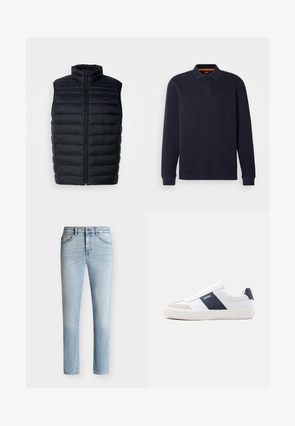 Schwarze Steppweste mit hohem Kragen, Reißverschluss und seitlichen Taschen. Besitzt eine gesteppte Textur und ein kleines Logo-Label auf der Vorderseite.; Marineblaue langärmelige Poloshirt aus strukturiertem Stoff mit einer Knopfleiste am Hals. Verfügt über ein kleines gesticktes Logo auf der Brust.; Hellblaue Slim-Fit-Jeans aus Denim mit vorne Knopf und Reißverschluss, Fünf-Taschen-Design und subtiler Verblassung vom Oberschenkel bis zum Knie.; Weißer Sneaker mit niedrigem Schaft, marineblauem Seitenstreifen, "BOSS" Logo, beiger Zehenkappe und weißer Sohle, seitlich auf hellem Hintergrund gezeigt.