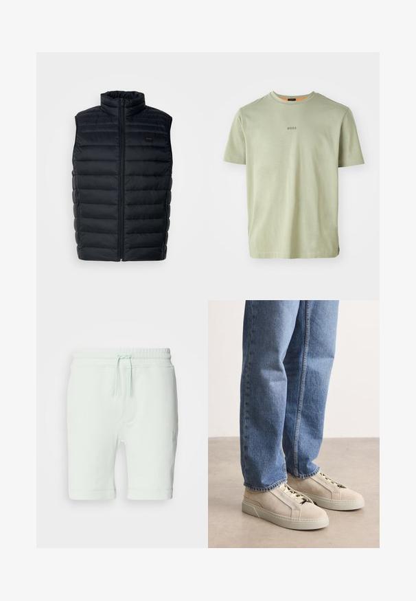 Sort puffer vest med høj krave, lynlåslukning og sidelommer. Har quiltet struktur og et lille logo mærke på fronten.; Olivengrøn kortærmet T-shirt lavet af blødt stof, med rund halsudskæring og et lille "BOSS"-logo trykt i midten.; Lys mintgrønne bomuldsshorts med elastisk talje, justerbar snøre, sidelommer og logo-detalje på højre ben.; BOSS GARYTENN_SDHDEL - Sneakers - natural ten