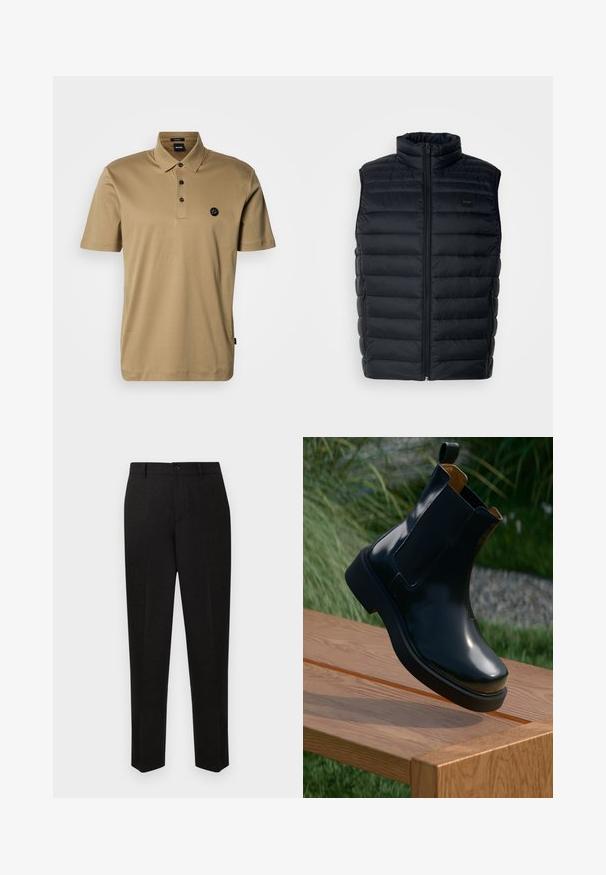 Gilet rembourré noir avec un col haut, fermeture éclair et poches latérales. Présente une texture matelassée et une petite étiquette logo sur le devant.; Polo beige en coton doux; comprend une patte à trois boutons et un petit logo noir sur le côté gauche de la poitrine; manches courtes.; Pantalon noir sur mesure à coupe droite, doté d'une fermeture à bouton et d'une texture subtile. Pas de motifs ni d'accents visibles.; Bottines Chelsea en cuir noir avec finition lisse, panneaux latéraux élastiques, bout arrondi et semelle en caoutchouc épaisse, positionnées au-dessus d'une surface en bois.