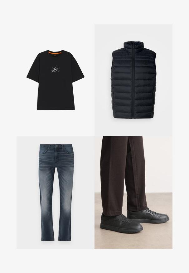 Sort puffer vest med høj krave, lynlåslukning og sidelommer. Har quiltet struktur og et lille logo mærke på fronten.; Sort T-shirt med korte ærmer og rund halsudskæring, med en hvid, sprække-lignende grafik i midten med ordet "BOSS".; Mørkeblå cowboybukser i denim med lige pasform, med knaplukning i taljen, to forlommer og subtil falmning på lårene og knæene.; Sorte sneakers med en glat læderlignende overflade, rund tå og snørebåndsdesign. Sammen med mørke, afslappede bukser. Flad gummisål.