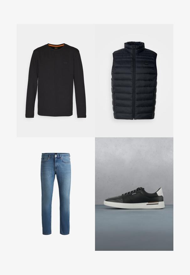 Zwarte puffer vest met een hoge kraag, ritssluiting en zijzakken. Heeft een gewatteerde textuur en een klein logolabel aan de voorkant.; Zwarte langslijf T-shirt van gladde stof, met een ronde halslijn en een klein reliëflogo op de borst met een oranje accent binnenin de kraag.; Lichtblauwe denim jeans met een regular fit, voorzien van een gladde textuur, een vijf-pocket design en een ritssluiting met knoop. ; Zwarte leren sneaker met witte zool, voorzien van perforaties, vetersluiting, logo aan de zijkant en contrasterend hieldetail in wit en bruin.