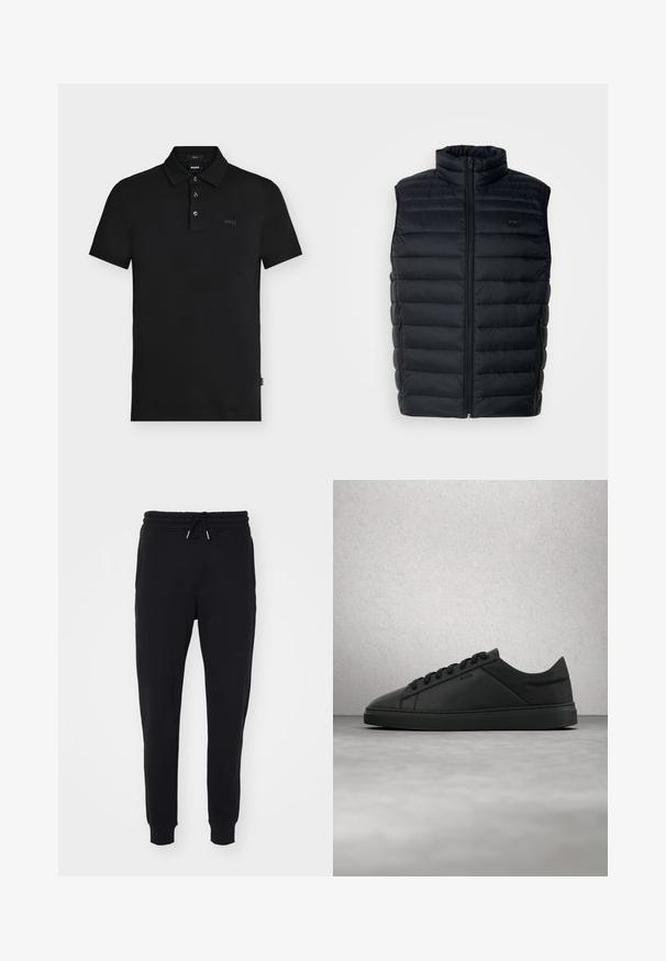 Sort puffer vest med høj krave, lynlåslukning og sidelommer. Har quiltet struktur og et lille logo mærke på fronten.; Sort slim-fit polo skjorte med tre knapper, korte ærmer og diskret "BOSS" logo på brystet og indersiden af kraven.; Sorte sweatpants lavet af blødt stof, med elastisk talje og snøre, sidelommer og afsluttende tætsiddende manchetter ved anklerne.; Sort lav-sko i læder med snøre og "BOSS"-logo, der svæver over en glat betongulv nær glasblokke.