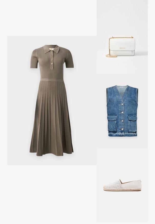 Chaleco de mezclilla en azul claro, diseño sin mangas con escote en V, cinco botones frontales y dos bolsillos frontales. Textura desgastada y áreas descoloridas presentes.; Vestido midi acanalado en marrón grisáceo con mangas cortas, cuello tipo polo, botonera dorada y diseño de falda plisada. Textura suave.; Alpargata blanca sin cordones con suela trenzada y parte superior de tela con estampado, que presenta un diseño minimalista y casual.; MICHAEL Michael Kors CLAIRE SM XBODY - Bandolera - optic white
