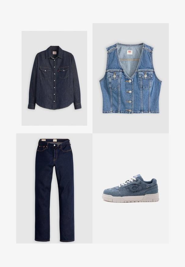 Denimvest i lys blå med v-udskæring, fem frontknapper og to brystlommer med en slidt tekstur.; Mørkeblå denimskjorte med lange ærmer, knaplukning fortil, to brystlommer med klapper og kontrasterende gule sømme.; Mørkeblå jeans med lige ben, orange syninger, fem lommer og knaplukning, lagt fladt på en lys baggrund.; Blå denim sneaker med hvid sål og snørebånd, med en stor "C" emblemer på siden og tekstureret stofdesign.