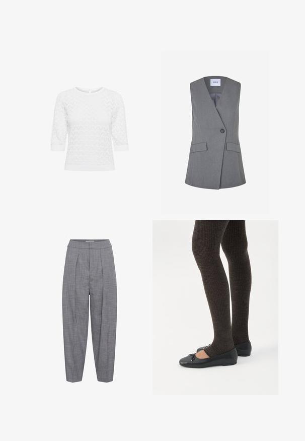 Gilet gris sur mesure avec un décolleté en V profond, fermeture par un seul bouton et deux poches avant. Tissu texturé avec doublure lisse.; Top en tricot blanc avec des manches 3/4, présentant un motif géométrique. Encolure ronde et détail en forme de clé à l'arrière. Tissu doux et texturé.; Pantalon gris taille haute, ajusté, avec plis sur le devant, jambes droites et fermeture avant dissimulée, conçu pour un port formel ou au bureau.; Jambes portant des leggings côtelés foncés associés à des ballerines noires avec de petits détails en nœud sur fond blanc.