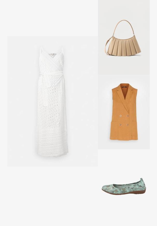 Esprit Collection LONG VEST - Veste sans manches - camel; Robe enveloppante blanche avec un design texturé, comportant des bretelles fines et une ceinture. Le tissu présente des motifs découpés complexes et une silhouette longue.; Ballerines en tissu vert menthe avec un motif floral en marron et blanc. Bout rond, semelle intérieure rembourrée et semelle en caoutchouc brun flexible.; Sac bandoulière beige plissé avec poignée arrondie sur le dessus et bandoulière amovible, en cuir lisse avec un détail de logo subtil près de la base.