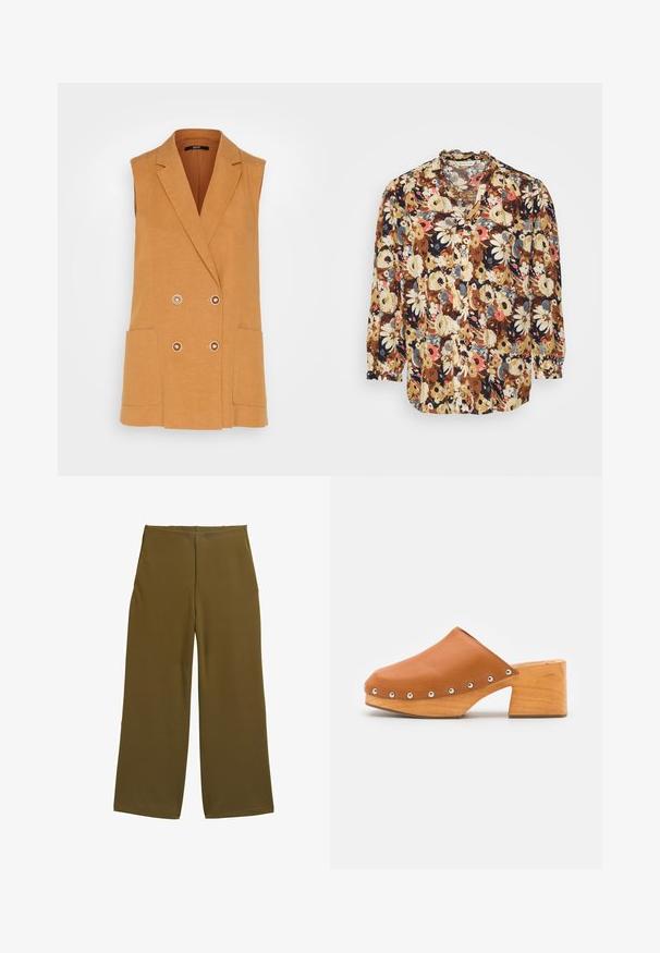 Esprit Collection LONG VEST - Vest - camel; TOM TAILOR WITH FRILL EDGE - Bluse - beige floral design; Bredde benbukser i olivengrønt stof, med en glat tekstur og ingen synlige lukninger. Designet til en afslappet pasform med rene linjer.; ASRA JUDE - Træsko - spice tan