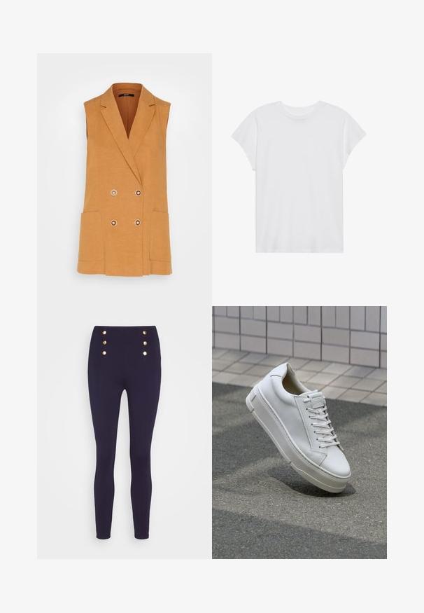 Esprit Collection LONG VEST - Vest - camel; Hvid kortærmet t-shirt med rund hals, afslappet pasform, lavet af blødt bomuldsstof. Glat tekstur, ingen mønstre eller logoer.; Marineblå højtaljede bukser lavet af strækbart stof, med gyldne knapdetaljer foran, der snævrer ind til anklen.; Hvide lædersneakers med lavt design, flade snører, rund tå og strukturerede sider. Tyk gummisål med diskrete detaljer.