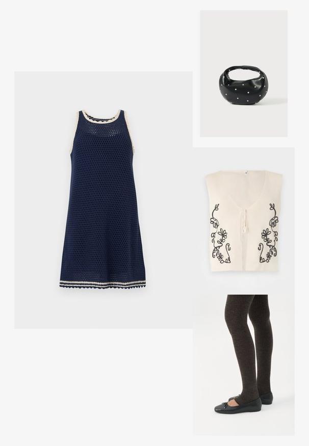 Veste sans manches en tricot crème avec col en V et broderie de vigne florale noire sur les côtés avant, avec une petite fermeture à nouer devant.; Robe en crochet sans manches bleu marine avec finition festonnée crème sur l'encolure, les emmanchures et l'ourlet, présentée sur fond blanc.; Jambes portant des leggings côtelés foncés associés à des ballerines noires avec de petits détails en nœud sur fond blanc.; Sac à main en cuir noir de forme arrondie, décoré de clous argentés et équipé d'une poignée courte. Texture lisse et fermeture éclair.