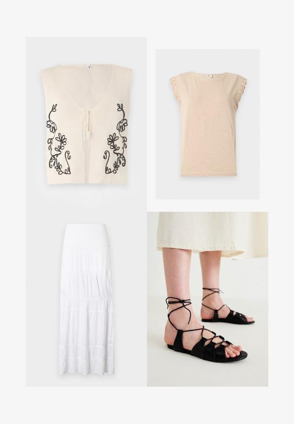 Veste sans manches en tricot crème avec col en V et broderie de vigne florale noire sur les côtés avant, avec une petite fermeture à nouer devant.; Chemise beige à manches courtes avec encolure ronde et bordure en dentelle aux manches, confectionnée dans un tissu léger.; Jupe maxi blanche à volants, réalisée en tissu léger. Elle présente une ceinture élastique et une texture subtile avec des coutures horizontales.; Sandales plates en cuir noir avec un design entrecroisé et des liens à la cheville, présentant une texture lisse et un style ouvert aux orteils.