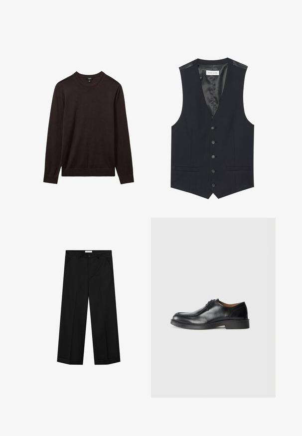 Gilet noir avec un décolleté en V, six boutons sur le devant, deux poches latérales et une doublure intérieure lisse. Le matériau a une finition texturée.; Reiss REISS - Pullover - dark bordeaux; Pantalon noir à jambes larges en tissu lisse, doté de poches avant, d'une fermeture par bouton et d'un pli marqué sur chaque jambe.; Chaussure de ville en cuir noir avec un bout arrondi, surface lisse, détails en dentelle et une semelle en caoutchouc texturée basse. Lignes épurées et design minimal.